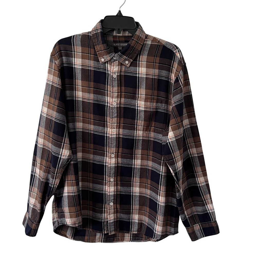 Slate & Stone Men Button Down Shirt Large Brown Plaid Flannel Long Sleeve Fall